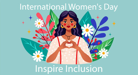 A beautiful darkskinned girl against a background of flowers and leaves shows a heart sign with her hands. Background for International Women's Day on March 8th Inspire Inclusion. Vector illustration.