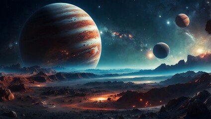 Planets in deep space. Panorama in the endless expanse of space. Cinematic view.