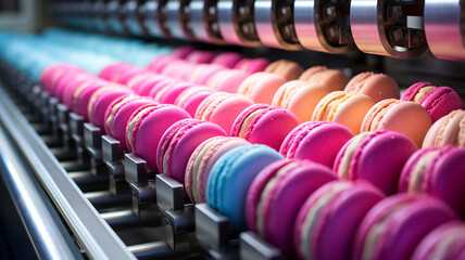 Colorful Macarons production line. Automated process in the bakery.

