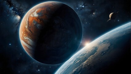 Obraz premium Planets in deep space. Panorama in the endless expanse of space. Cinematic view.