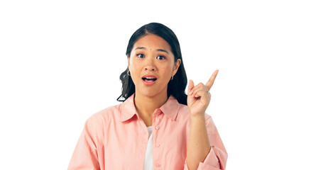 Eureka, idea and portrait of woman with solution for decision, plan or isolated on a transparent...