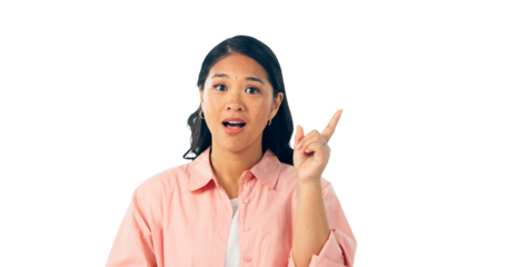 Eureka, idea and portrait of woman with solution for decision, plan or isolated on a transparent png background. Inspiration, creative or face of Asian person with aha emoji, thinking or hand gesture