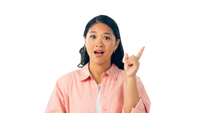 Eureka, idea and portrait of woman with solution for decision, plan or isolated on a transparent png background. Inspiration, creative or face of Asian person with aha emoji, thinking or hand gesture - Powered by Adobe