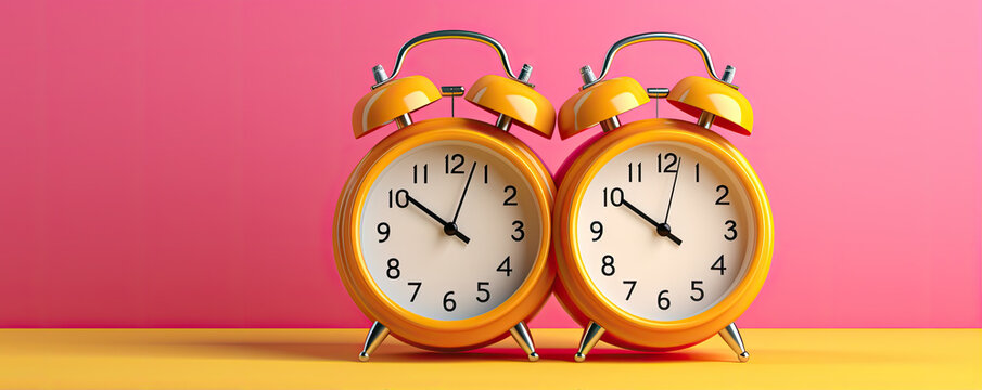Old alarm clock on yellow pink background. copy space for text