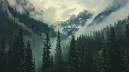 The natural beauty of the pine forest and mountain slopes during natural fog to add depth and mystery Fog adds atmosphere to the pine forest on the mountain slopes.