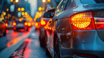 Evening traffic on a city street with the close-up of a car's rear lights glowing in a blur of urban illumination.