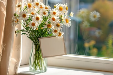 radiant bouquet of white and yellow daisies, basking in the sunlight that streams through a nearby window, illuminates a cozy room. A blank tag attached to the vase awaits a message