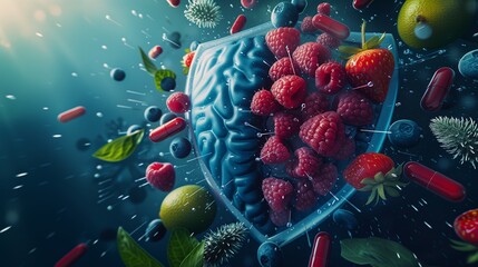 Immune System Defense shield-shaped organ surrounded by protective elements like vitamins and antioxidants, symbolizing the role of the immune system in defending against illness
