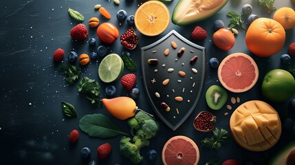 Immune System Defense shield-shaped organ surrounded by protective elements like vitamins and antioxidants, symbolizing the role of the immune system in defending against illness - obrazy, fototapety, plakaty