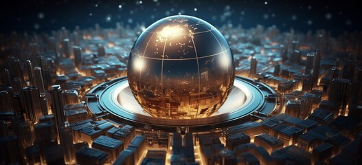 Fototapeta premium The world globe is perched atop a cuttingedge city