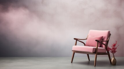 Minimalistic living room interior with artwork, pink armchair, wooden coffee table