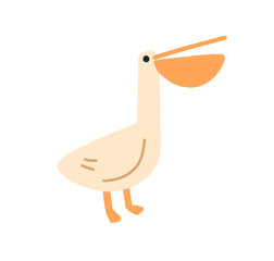 Cute pelican. Funny water bird, exotic tropical feathered animal with large beak. Wild fauna in kids childs style. Childrens flat vector illustration isolated on white background