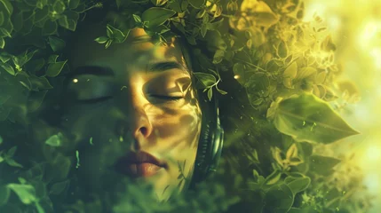 Foto op Plexiglas Person with eyes closed, music streaming through headphones, surrounded by green natural landscapes, power of music as a form of escape and relaxation. © CraftyImago