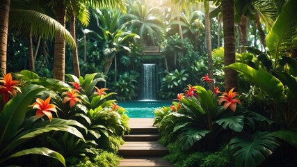 Fototapeta na wymiar Tropical island with palms, Tree in the garden, tropical evergreen forest and leaves plant wallpaper, tropical wallpaper, green plant and leaves background