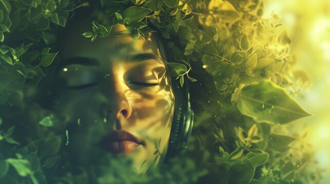 Person with eyes closed, music streaming through headphones, surrounded by green natural landscapes, power of music as a form of escape and relaxation.