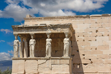 The Porch of the Caryatids in The Erechtheion an ancient Greek temple on the north side of the Acropolis of Athens, Attica, Greece