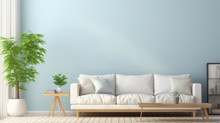 Empty blue living room with blank poster, 3d illustration interior design concept