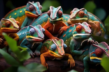 A group of camouflaged chameleons blending into their surroundings, their ability to change colors fascinating to behold.
