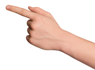 Forefinger. Male hand with index finger pointing to something. PNG isolated on transparent background	
