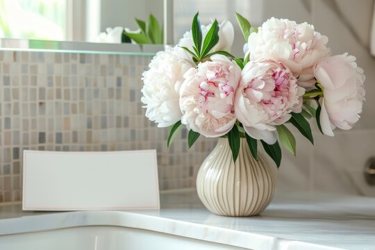 spa-like atmosphere is created by a simple glass vase overflowing with soft pink peonies, standing gracefully on a white marble bathroom counter