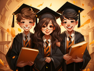 Obraz premium The company of alumni of different nationalities is happy. Graduate Hat