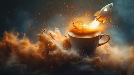 Coffee mug transformed into a rocket ship blasting off into space, symbolizing the revitalizing effect of a caffeine-infused coffee on lifting spirits and energizing the mind - obrazy, fototapety, plakaty