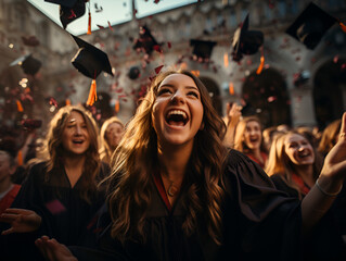 Obraz premium Cheerful students throwing graduation caps in the Air. High quality photo