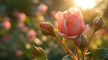 Sunlit pink rose buds. Generative AI