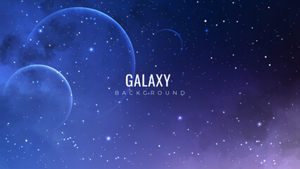 Galaxy background with purple nebula and planets. Outer space. Cosmos background with stardust effect. Starry night sky.