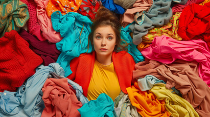 Top angle. Woman lies on pile colorful clothes. Revision clothing at home. Disorder and mass. Shopaholic, female wardrobe, nothing to wear. Household and laundry concept. Problem excess consumption