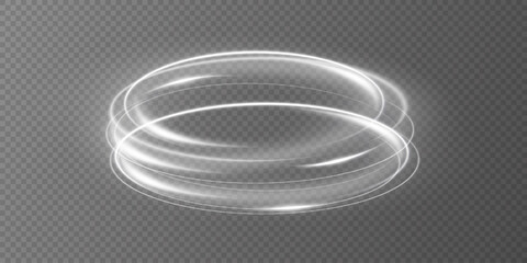 Glowing white spiral. Speed ​​abstract lines effect. Rotating shiny rings. Glowing circular lines. Glowing ring trail. Vector.