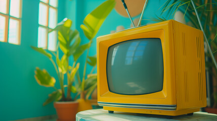 Old retro TV in a room in daylight. Escapism, romanticization of the past, candy-style nostalgia. Television and retro technology concept