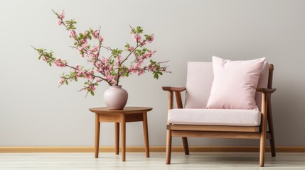 Fototapeta na wymiar Modern minimalist living room with artwork, pink armchair, and wooden coffee table
