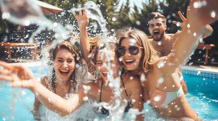 Friends having party and dancing in a swimming pool.