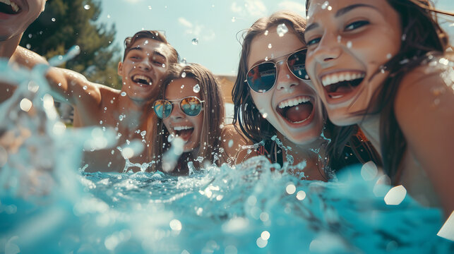 Group Of Friends Having Fun Party In Swimming Pool - Powered by Adobe