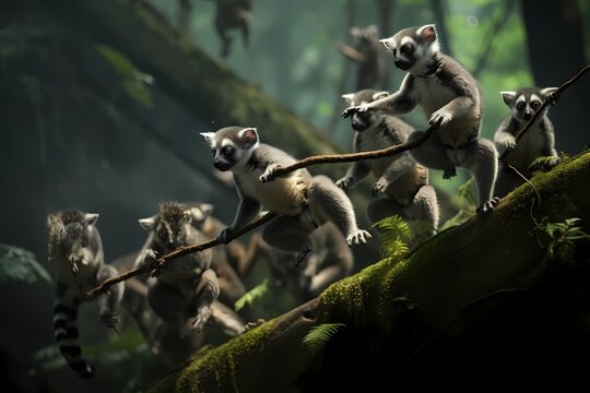 A group of energetic lemurs leaping from tree to tree in the lush rainforest, their long tails providing balance and agility.