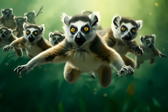 A group of energetic lemurs, leaping through the air, captured against a vibrant green background.