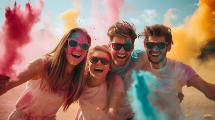 happy people in colorful holi paint play on festive event - obrazy, fototapety, plakaty