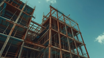 Fototapeta na wymiar Emerging structural skeleton of a modern building with intricate metal scaffolding against a clear blue sky, showcasing urban development and architectural progress.