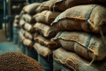 Gordijnen A stack of bags filled with coffee beans, a staple food © Raptecstudio