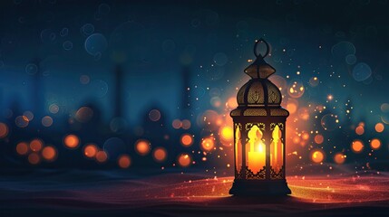 Islamic concept. Muslim mosque. 
 A mesmerizing image capturing the brilliance of a glowing lantern as it shines brightly amidst the bustling cityscape.