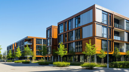 Obraz premium Eco-friendly modern office building with a dynamic metal frame facade, incorporating large windows and warm wood panels, set in a landscaped urban environment.