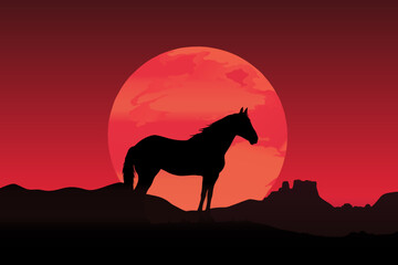 A horses silhouette stands in front of a full moon, creating a striking contrast against the dark night sky.
