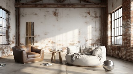 Minimalistic living room interior with graffiti artwork, armchair, and coffee table