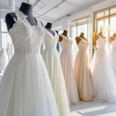 Fototapeta na wymiar A collection of different style wedding dresses showcases diverse styles in bridal boutique