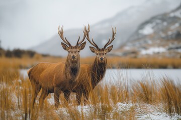 Two red deer standing side by side in a field, representing the iconic wildlife of the Scottish moors.