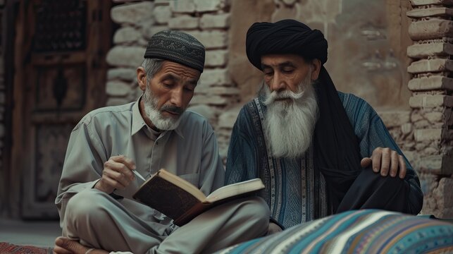 Two men with books in hand, deeply engrossed in reading, sit on the ground, lost in a world of ideas and discoveries. Islamic concept