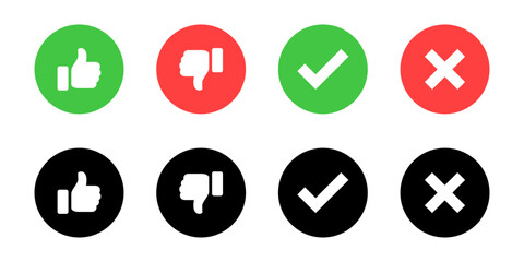 Like and dislike icons. Different styles, colors, thumbs up and down, checkmark and cross, like and dislike icons. Vector icons