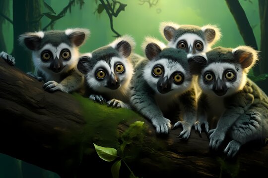A group of inquisitive lemurs hanging from the branches, their wide eyes staring directly at the camera against a lush forest green background.