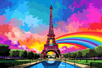 A painting showcasing the Eiffel Tower against a vibrant rainbow-filled sky, adding an extra layer of color and charm to the iconic landmark.